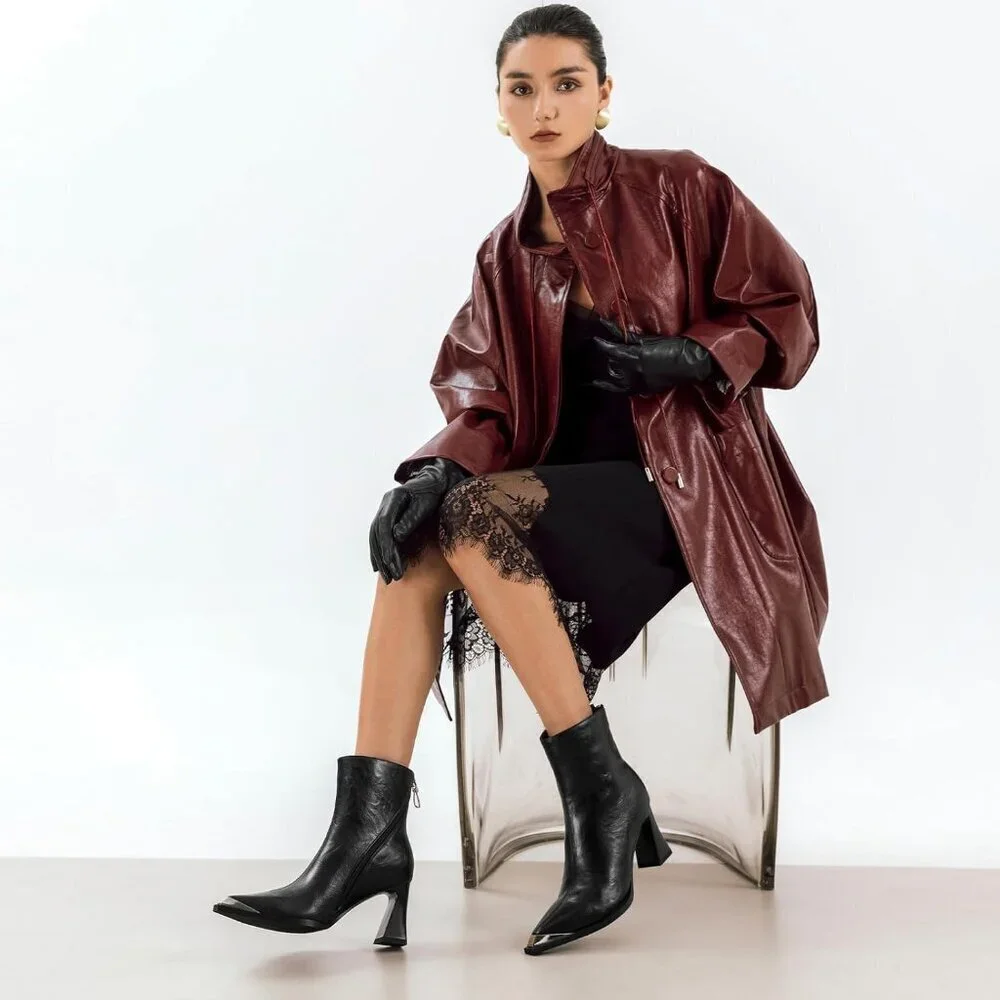 Women's Black Metal Toe Side Zipper Chunky Block Heels Comfortable Short Boots